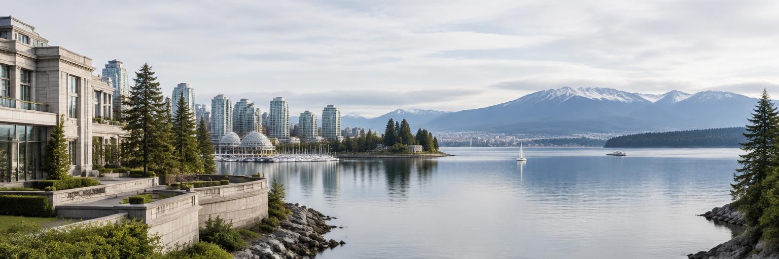 A quiet Vancouver waterfront with mountains beyond